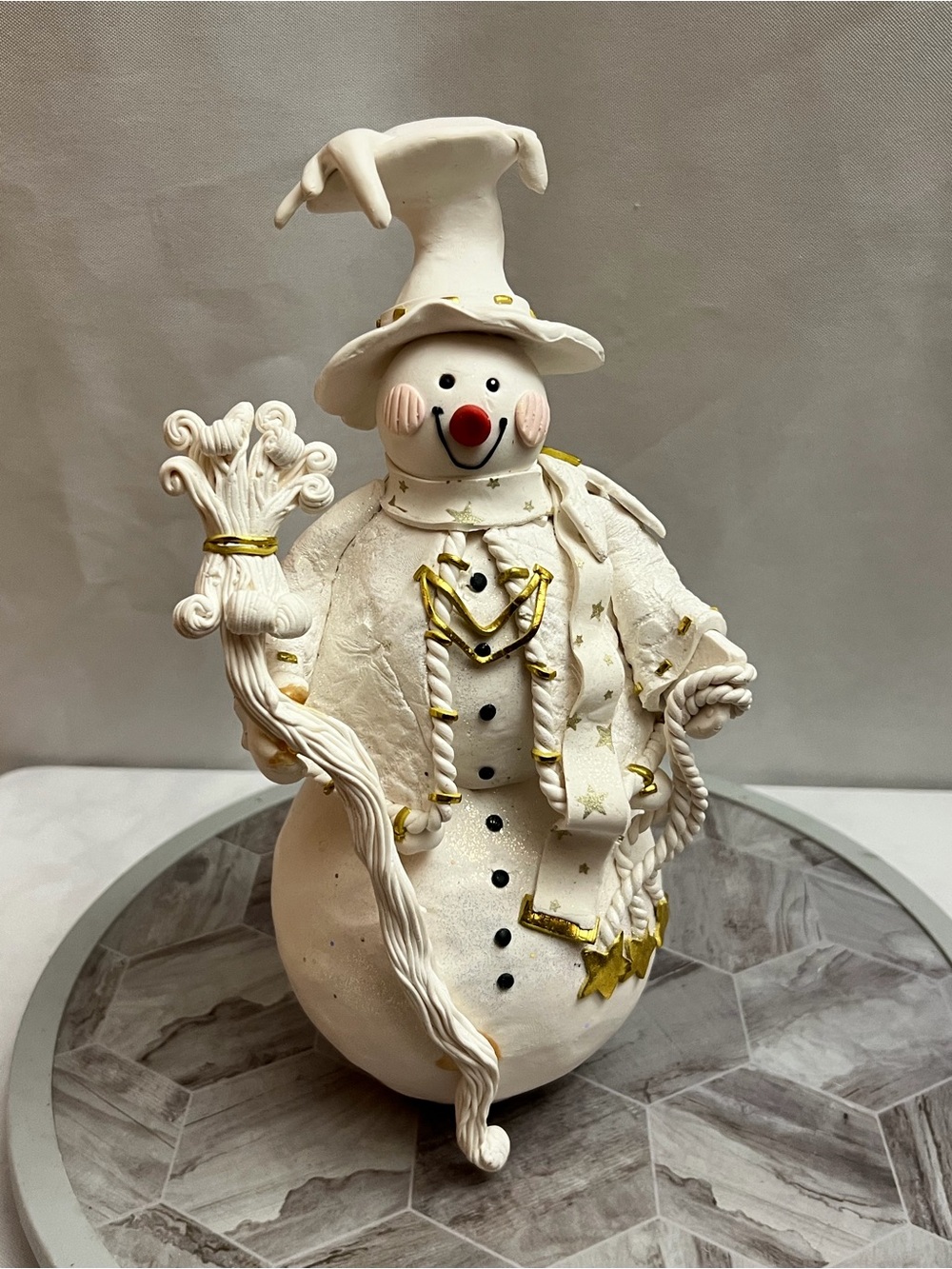 Whimsical White & Gold Snowman Figurine Witch Hat Broom Christmas Decor